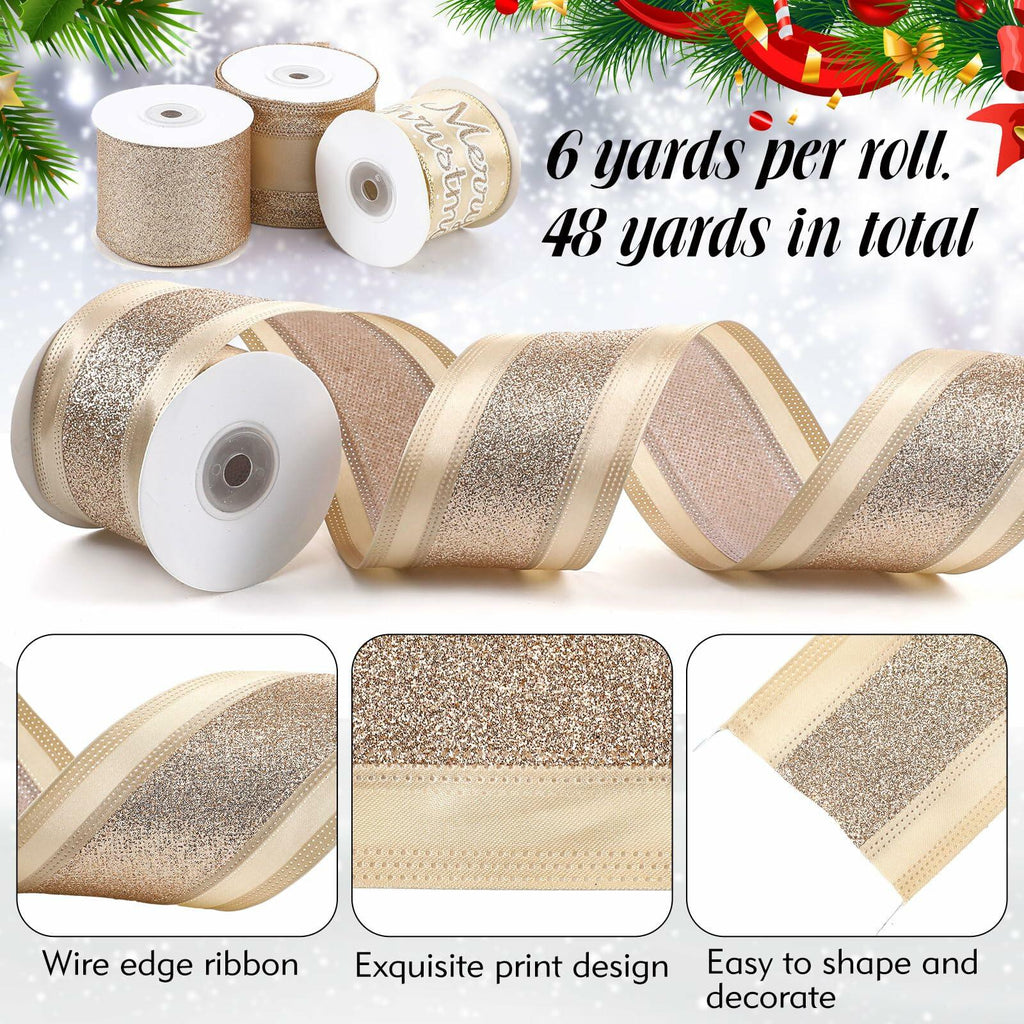 HunnmingRe Gold Wired Christmas Ribbon 2.5in 8 Rolls 48 Yards Xmas Decor