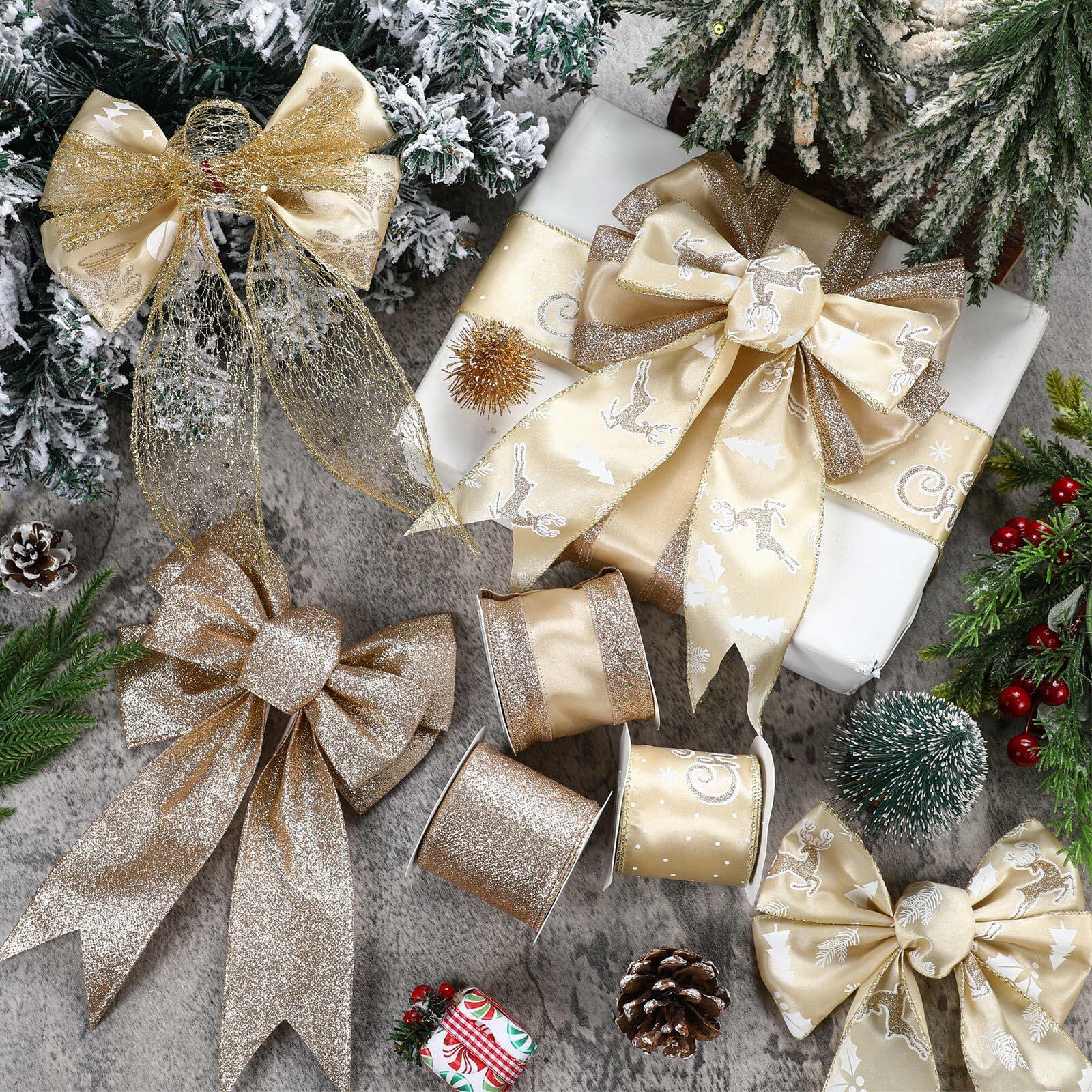 HunnmingRe Gold Wired Christmas Ribbon 2.5in 8 Rolls 48 Yards Xmas Decor