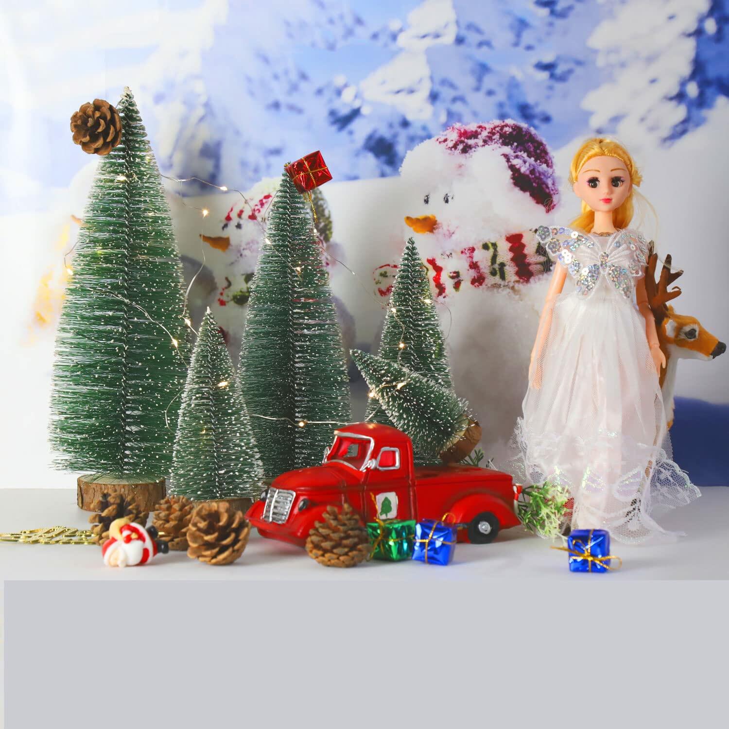 [Like New] Bottle Brush Mini Christmas Trees Green 4pcs 4in with Snow Wooden Base