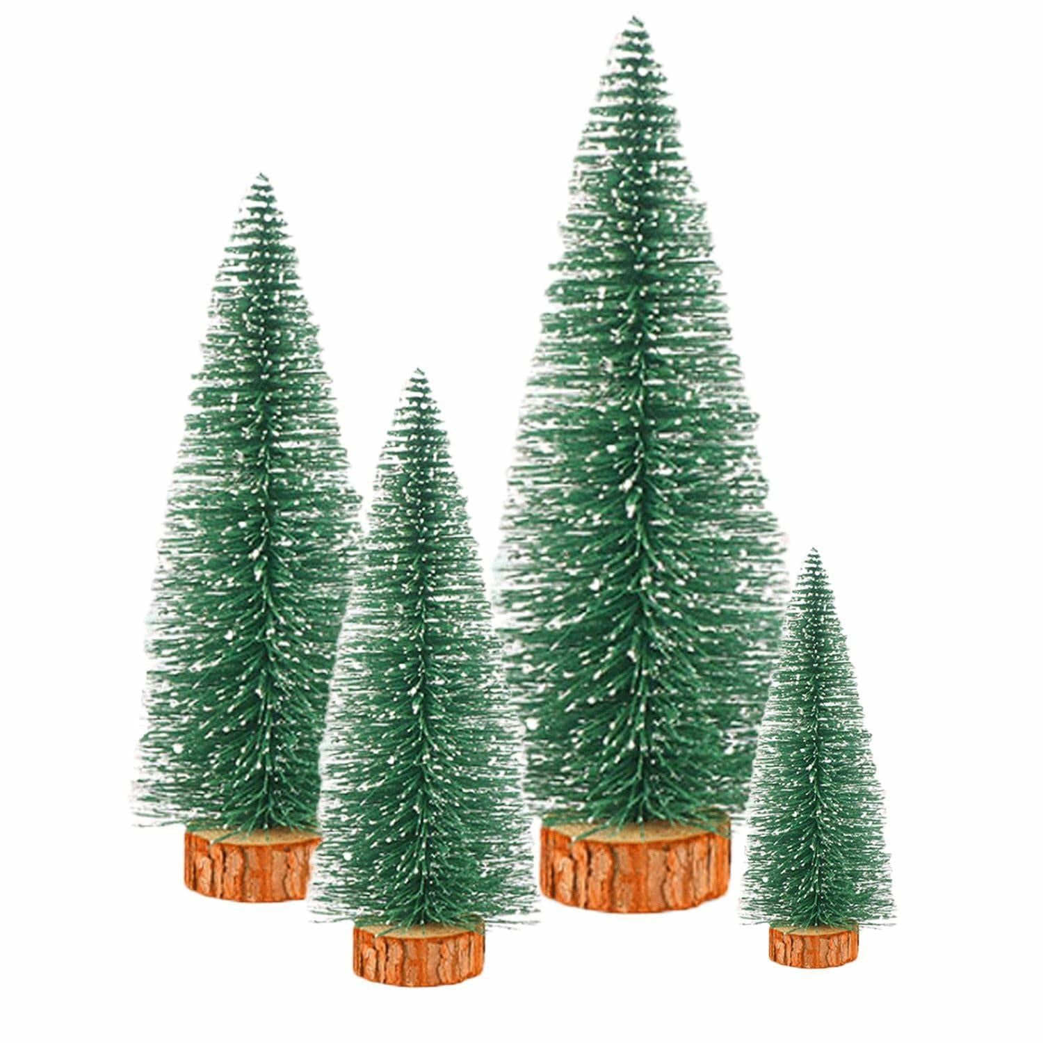 [Like New] Bottle Brush Mini Christmas Trees Green 4pcs 4in with Snow Wooden Base