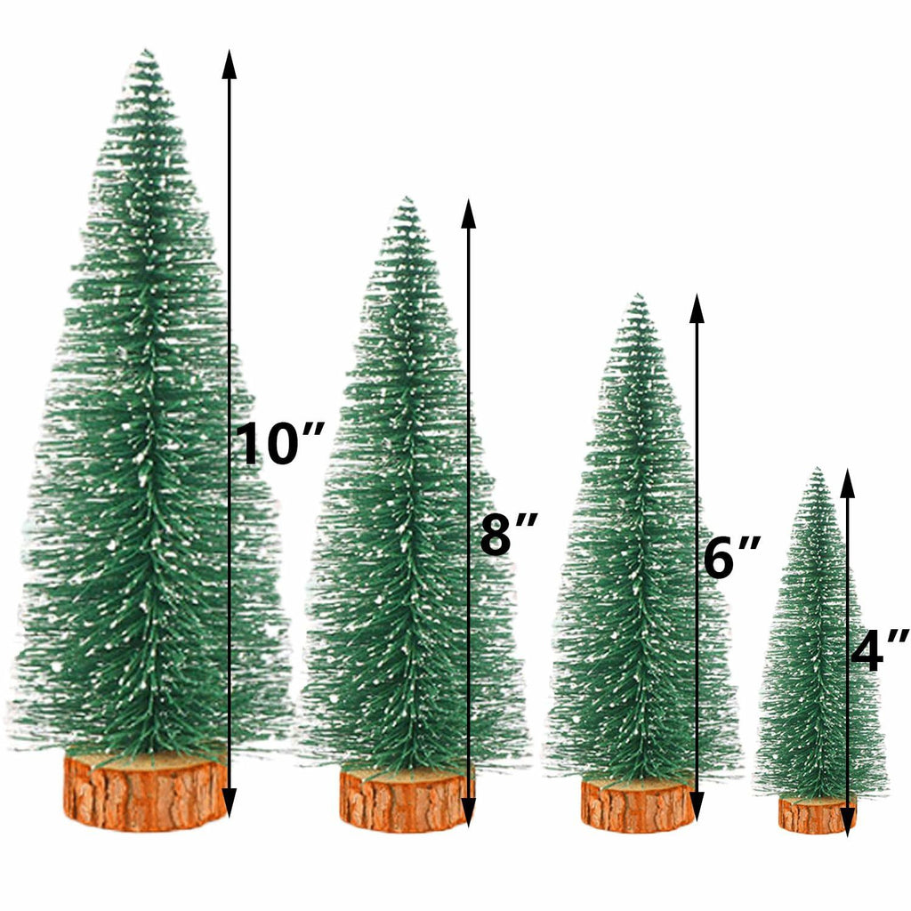 [Like New] Bottle Brush Mini Christmas Trees Green 4pcs 4in with Snow Wooden Base