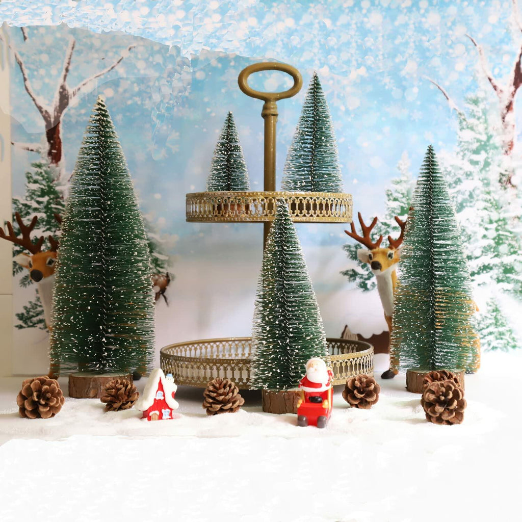 [Like New] Bottle Brush Mini Christmas Trees Green 4pcs 4in with Snow Wooden Base