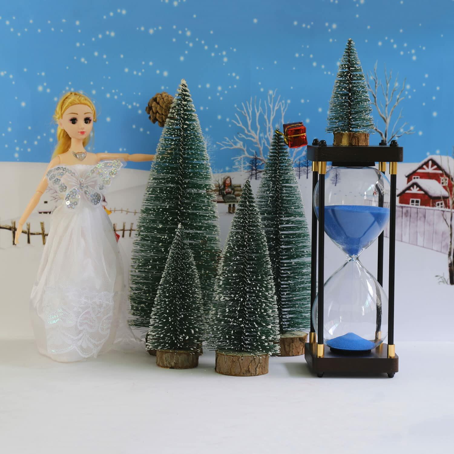 [Like New] Bottle Brush Mini Christmas Trees Green 4pcs 4in with Snow Wooden Base