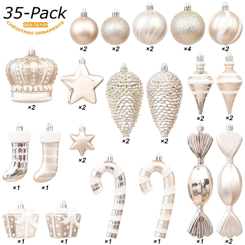 Sea Team 50-Pack Assorted Shatterproof Christmas Ball Ornaments Set Champagne
