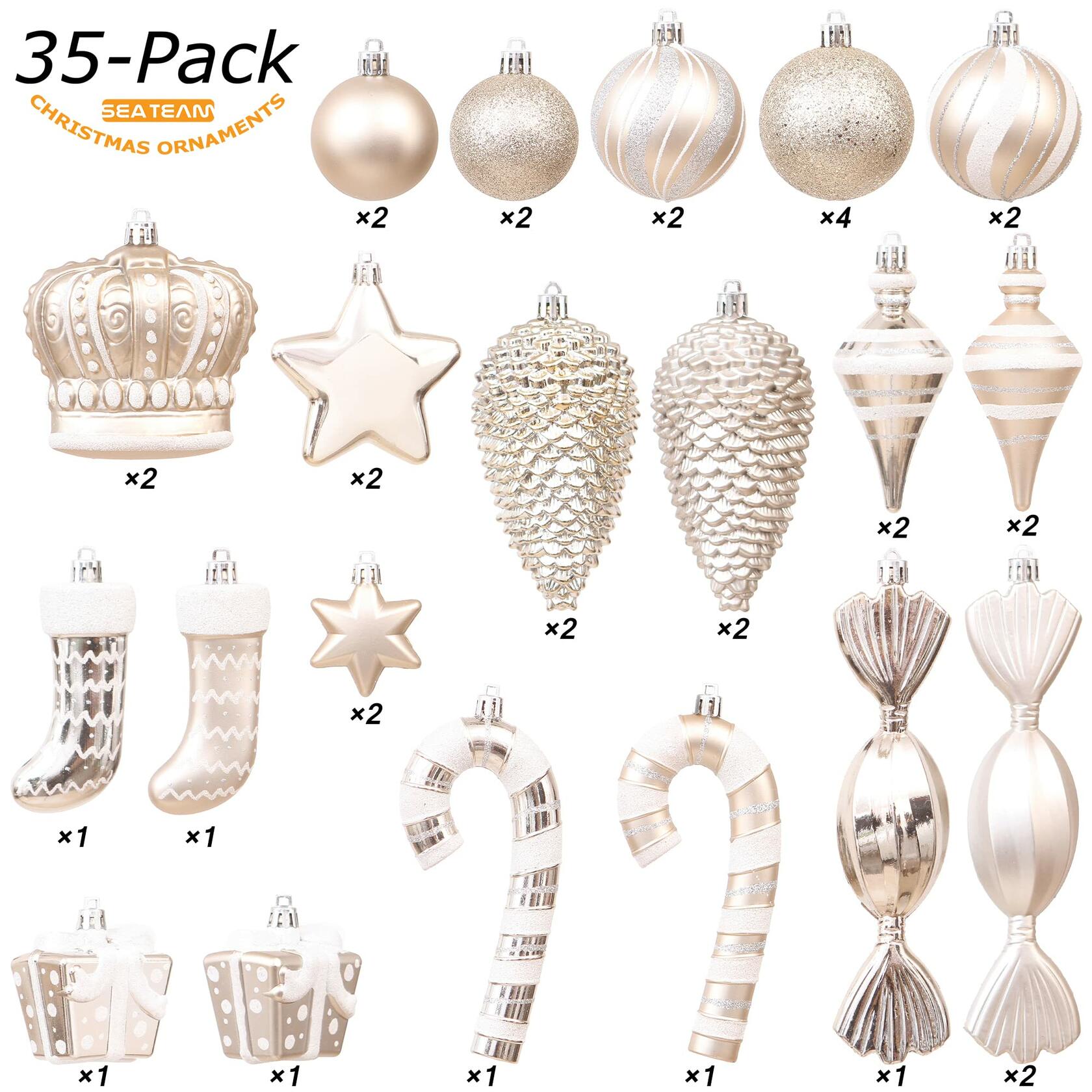 Sea Team 50-Pack Assorted Shatterproof Christmas Ball Ornaments Set Champagne