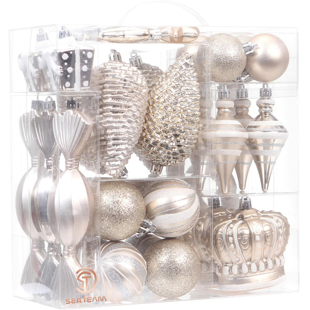 Sea Team 50-Pack Assorted Shatterproof Christmas Ball Ornaments Set Champagne