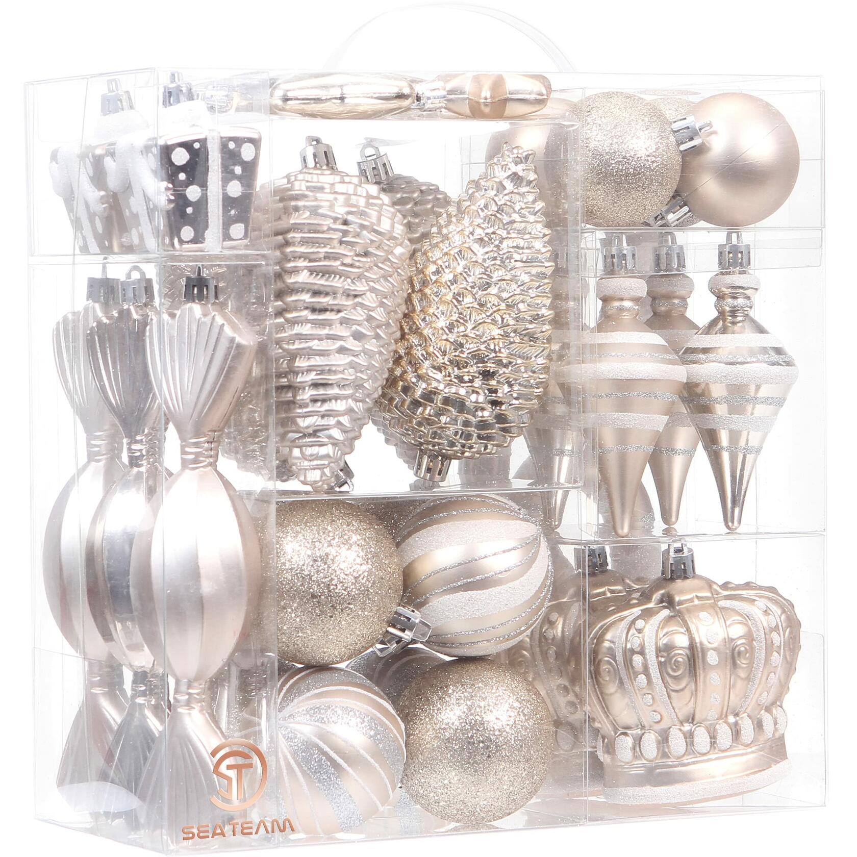Sea Team 50-Pack Assorted Shatterproof Christmas Ball Ornaments Set Champagne