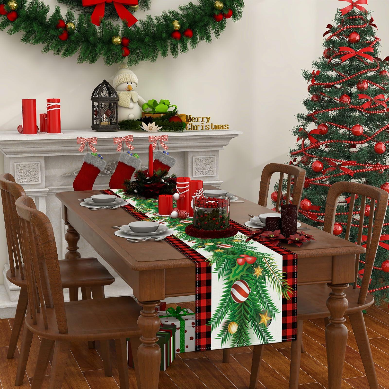 Rvsticty Linen Green Christmas Table Runner 13x36" Winter Xmas Decor