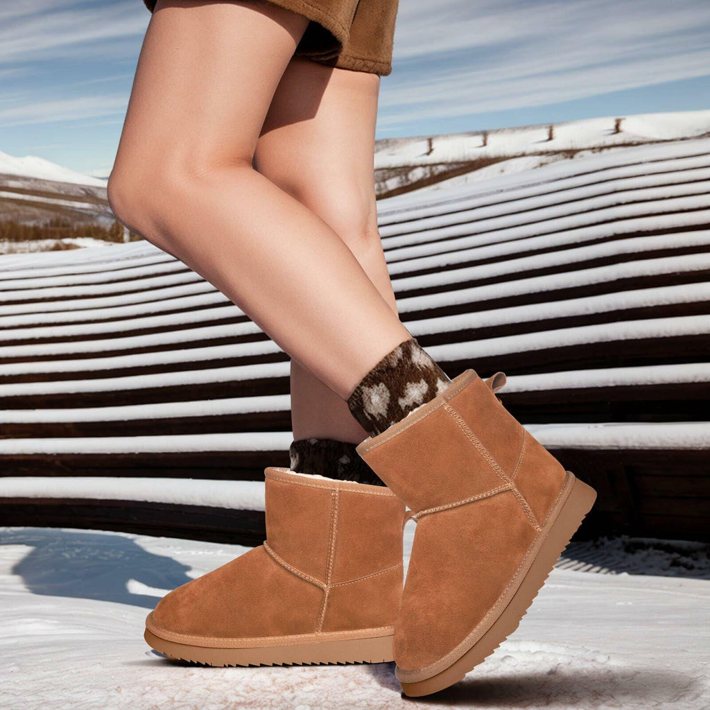 DIRDENI Women's Mini Snow Boots Ankle Fur Lined Non-slip Brown Size 7