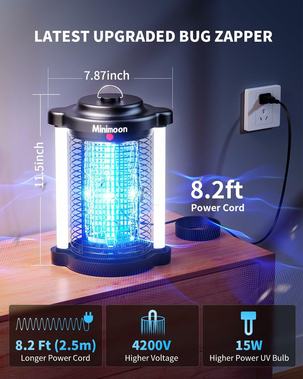 [Like New] Minimoon Bug Zapper Outdoor 4200V Dual LED 15W Electric Insect Trap IPX4
