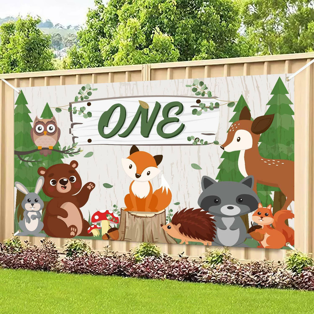 WATINC Woodland Animals Birthday Backdrop Polyester Banner 71x43 Inch