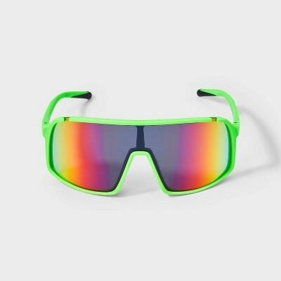 All In Motion Men's Rubberized Plastic Shield Sunglasses Green Mirrored UV