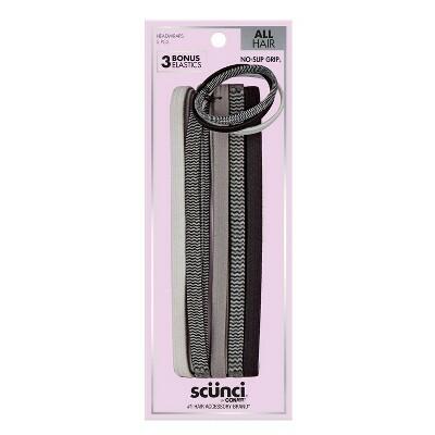 scünci No-Slip Grip Flat Elastic Headbands with Bonus Hair Ties Grayscale 5pk