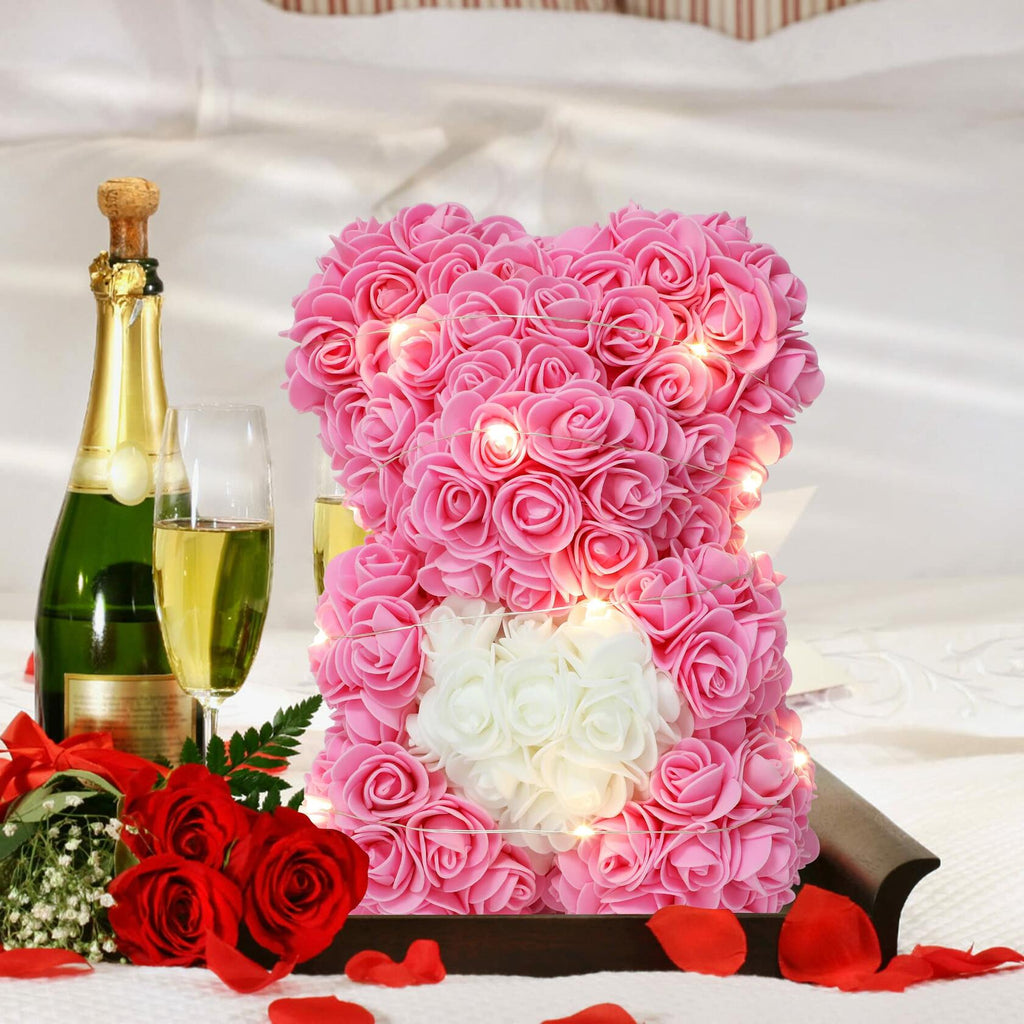 Rose Bear Pink 10in Rose Flower Bear Over 250 Flowers Clear Gift Box