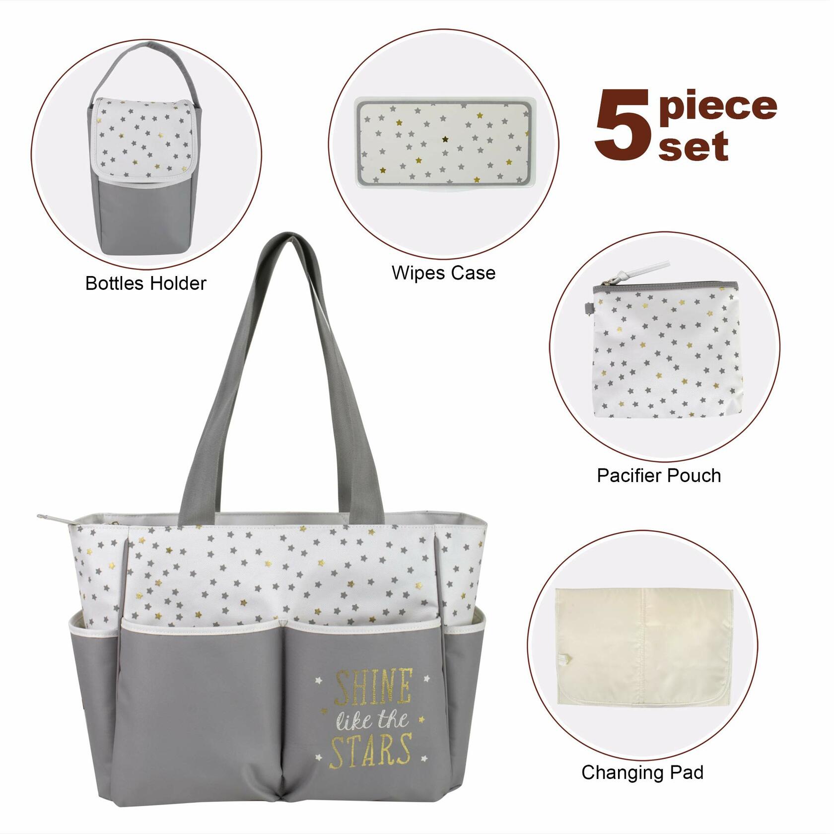Baby Essentials Diaper Bag Tote 5PC Set Grey Cream Sun Moon Stars