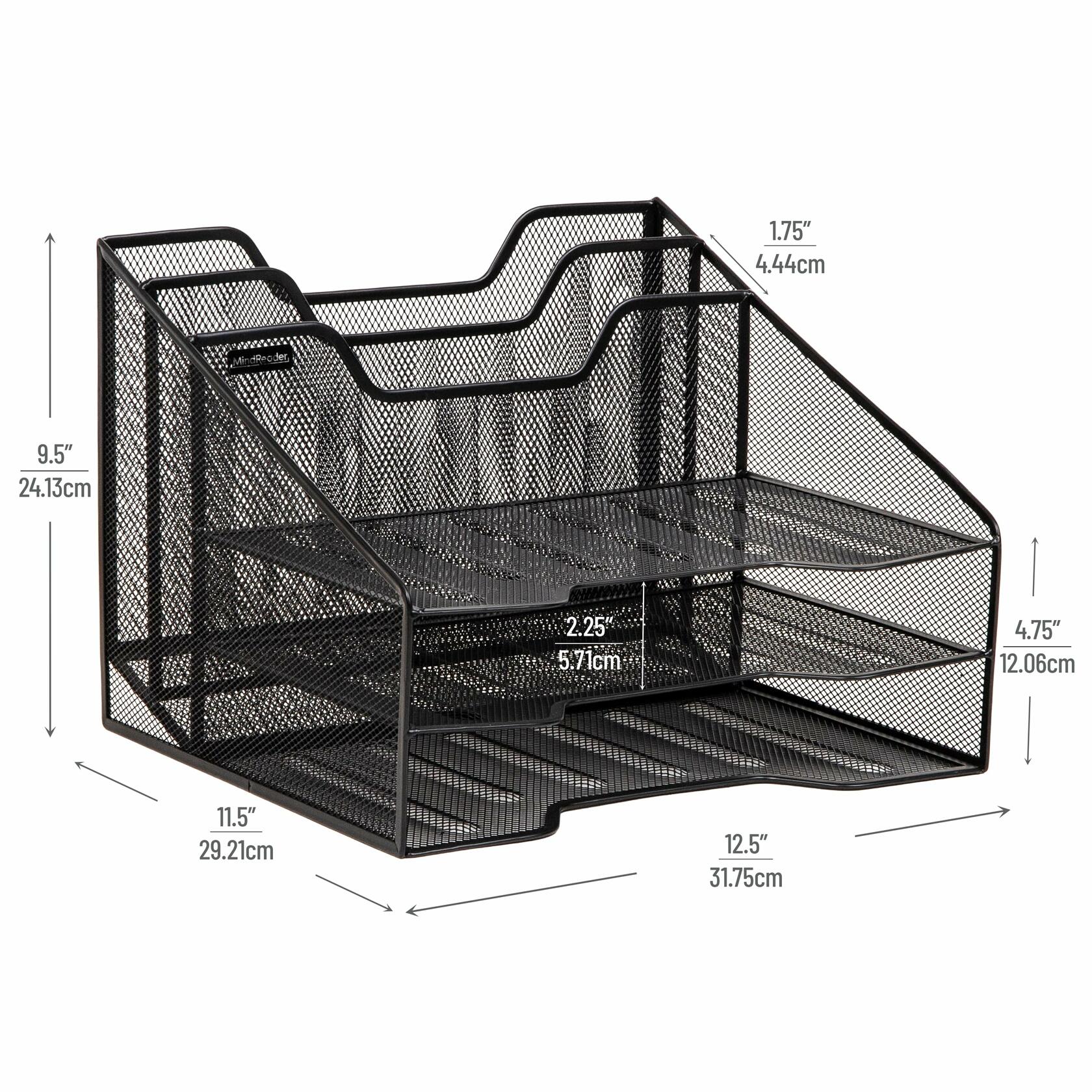 Mind Reader Metal Mesh 3-Tier Desktop File Organizer 5 Compartments Black