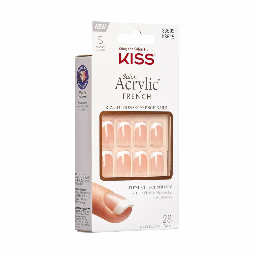 KISS Salon Acrylic Press On Nails Bonjour Nude White 28 Nails Short Squoval
