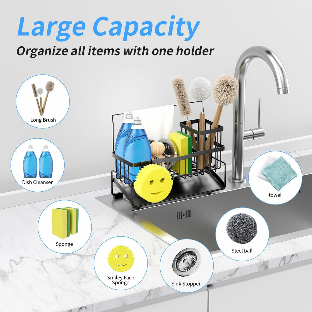 304 Stainless Steel Sponge Holder Kitchen Sink Caddy Black Self-Draining