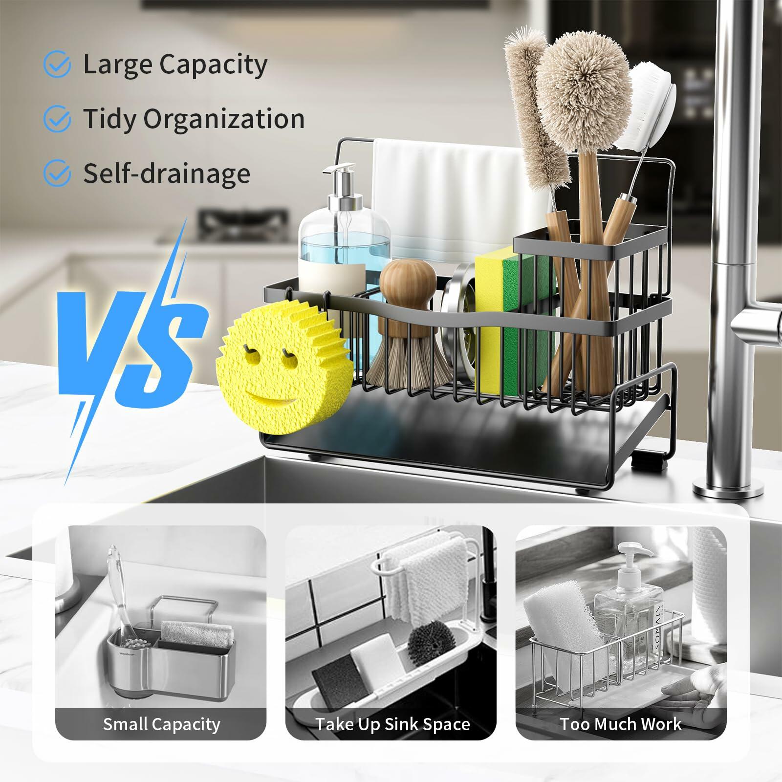 304 Stainless Steel Sponge Holder Kitchen Sink Caddy Black Self-Draining