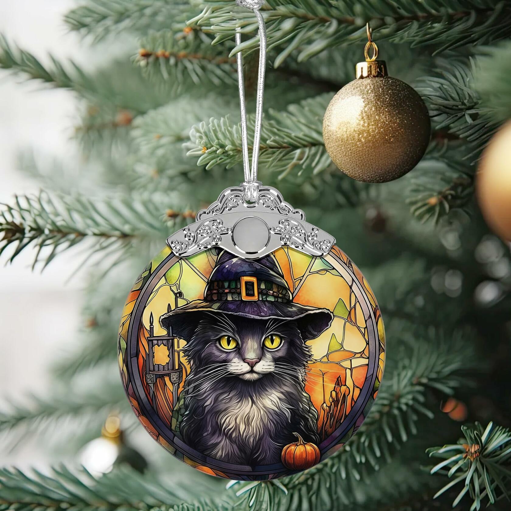 [Like New] Black Cat with Hat Stained Glass Christmas Ornament Holiday Decoration