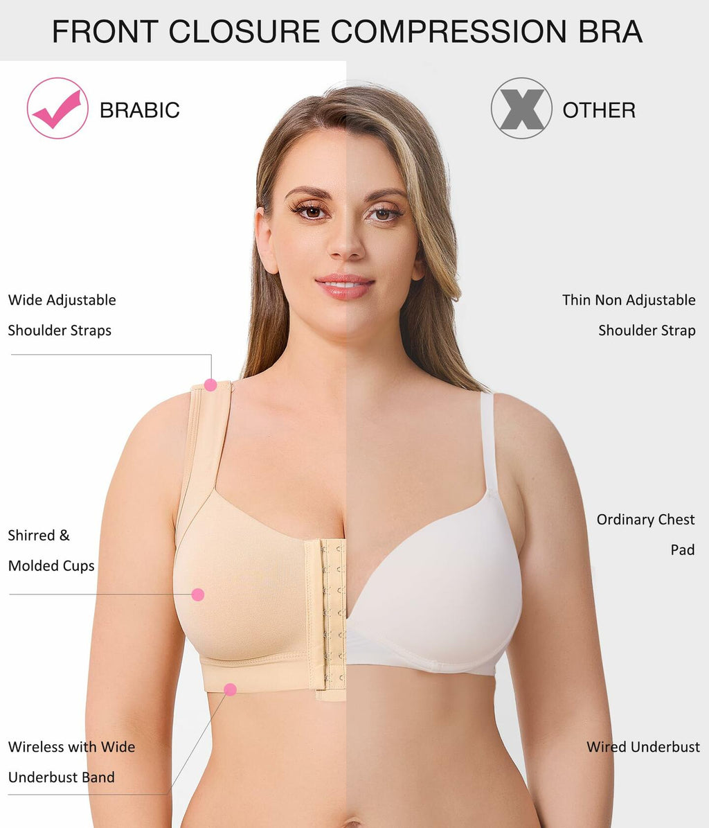 BRABIC Front Closure Compression Bra Wireless Beige Size 3XL