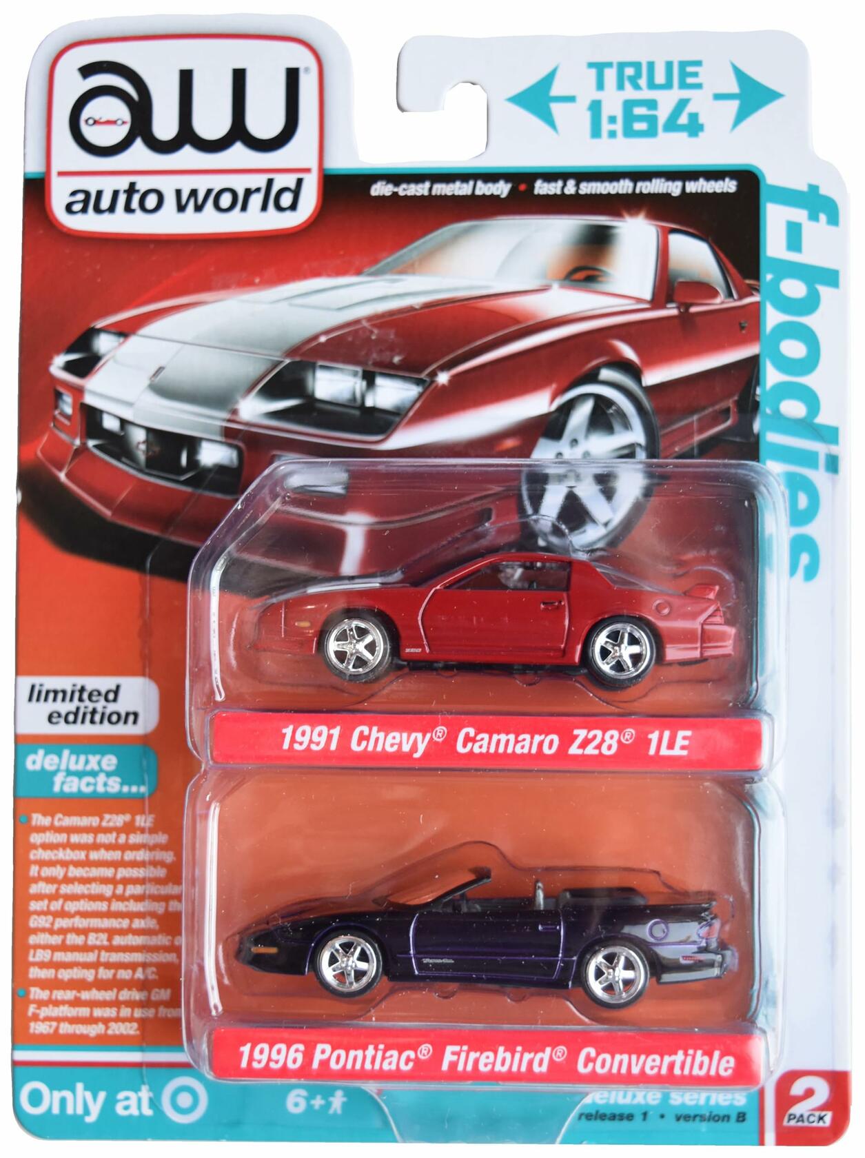 Auto World 1991 Chevy Camaro Z28 1LE & 1996 Pontiac Firebird Convertible 2 Pack