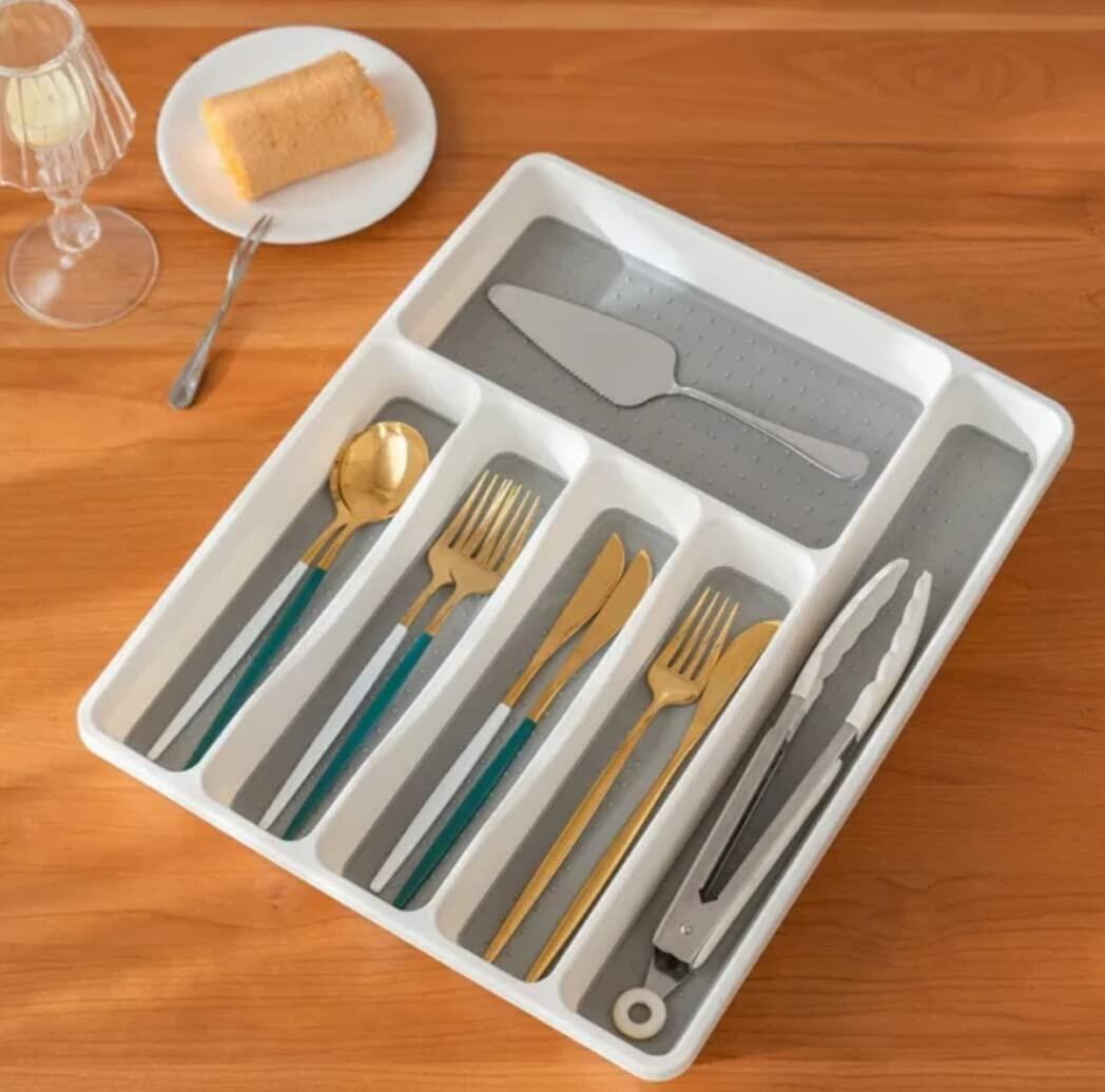 [Like New] Large Silverware Tray 6-Compartment Kitchen Drawer Organizer White BPA-Free