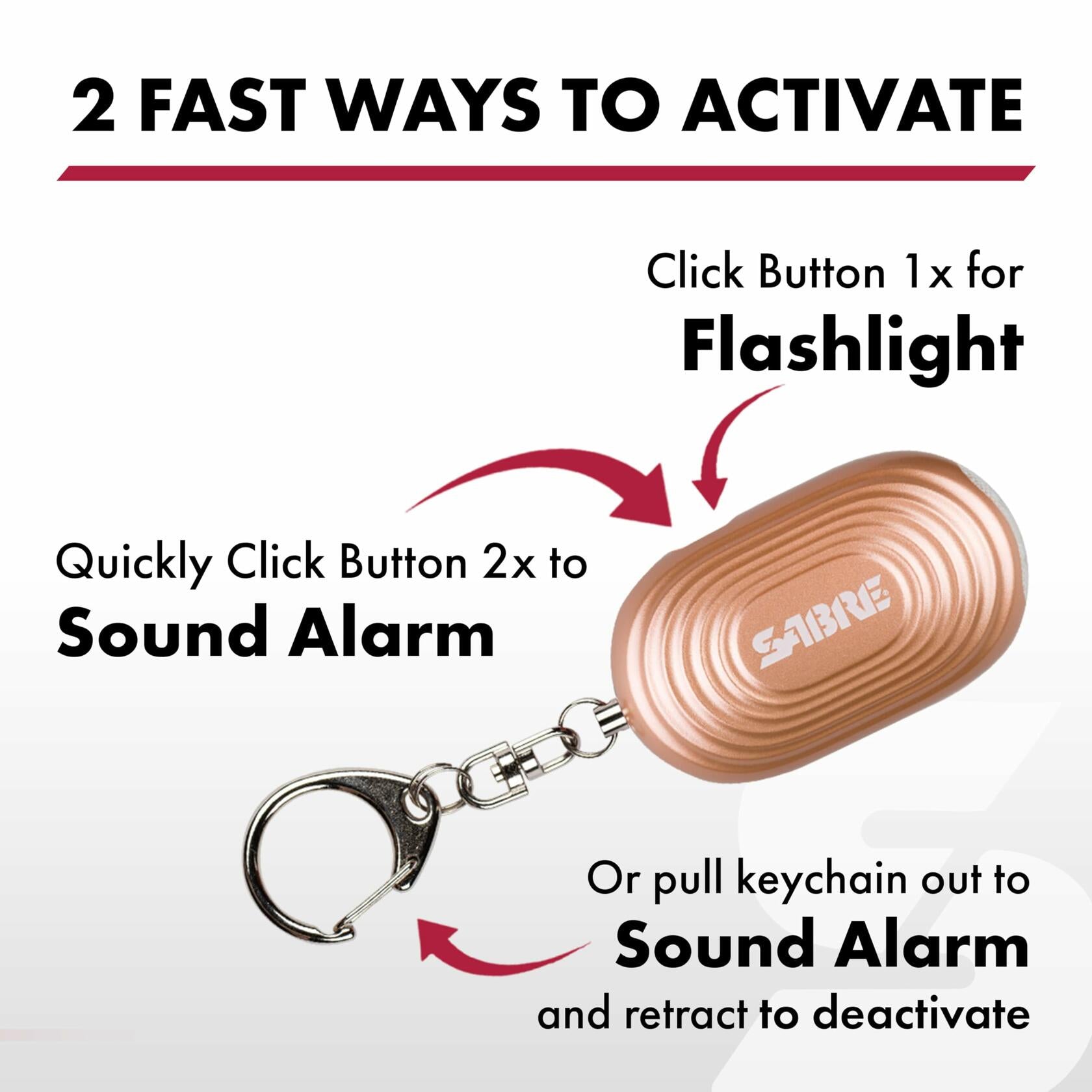 SABRE 2-in-1 Personal Alarm LED Light 130dB Siren Snap Hook Compact