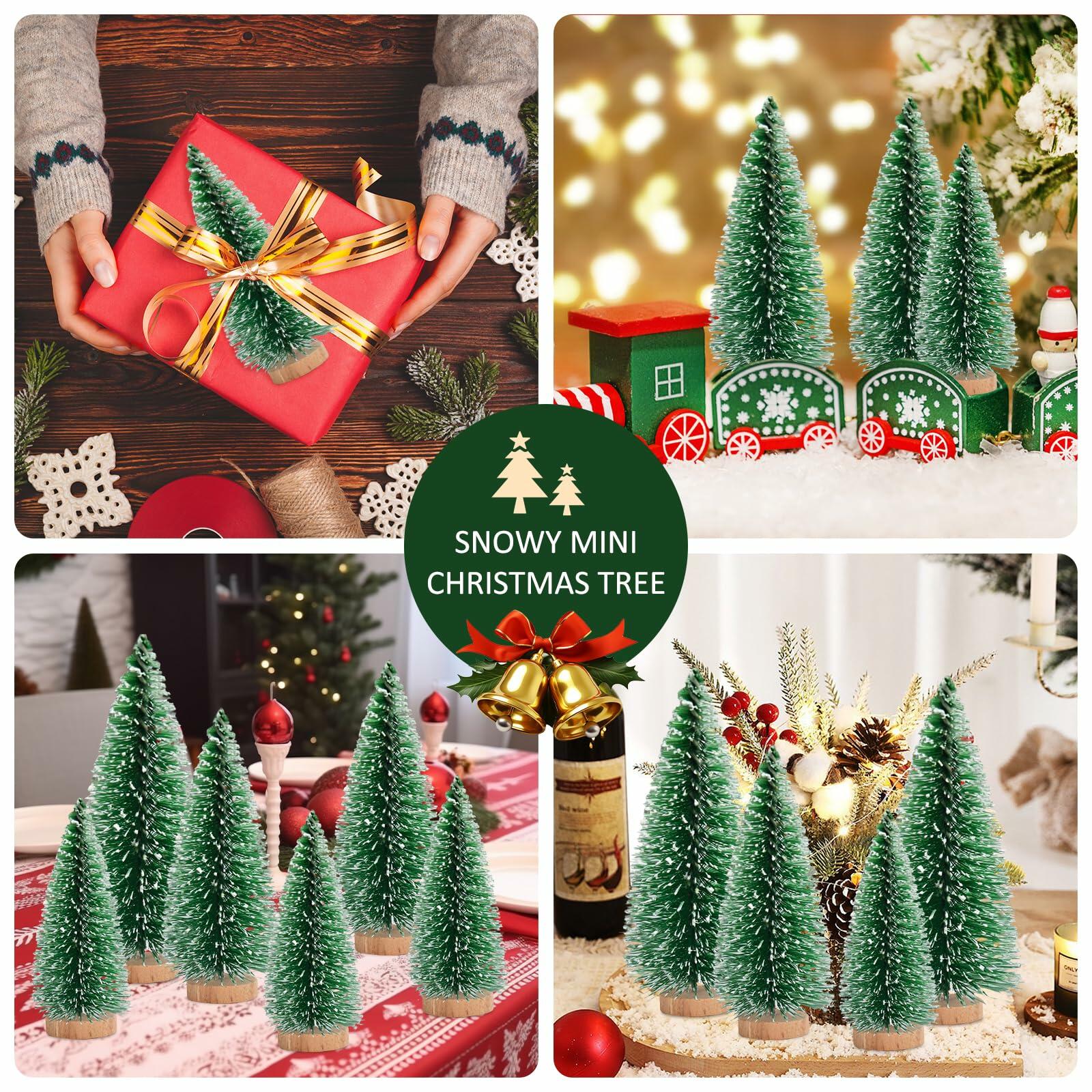 12 Pcs Mini Christmas Trees with Wooden Bases, 3 Sizes, Green Snow Decor