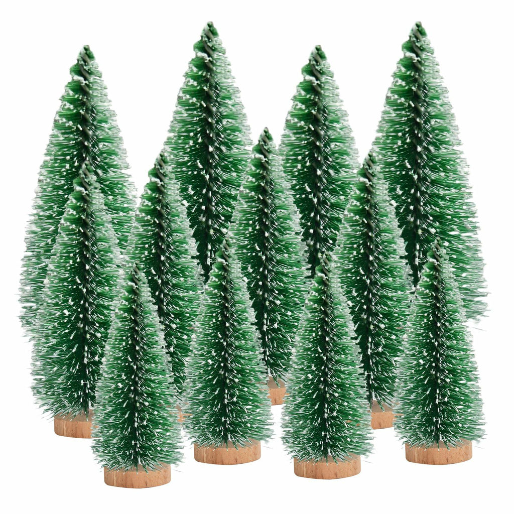 [Like New] 12 Pcs Mini Christmas Trees with Wooden Bases, 3 Sizes, Green Snow Decor