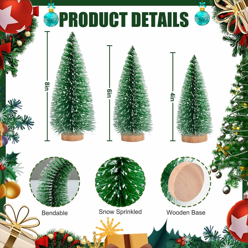 12 Pcs Mini Christmas Trees with Wooden Bases, 3 Sizes, Green Snow Decor