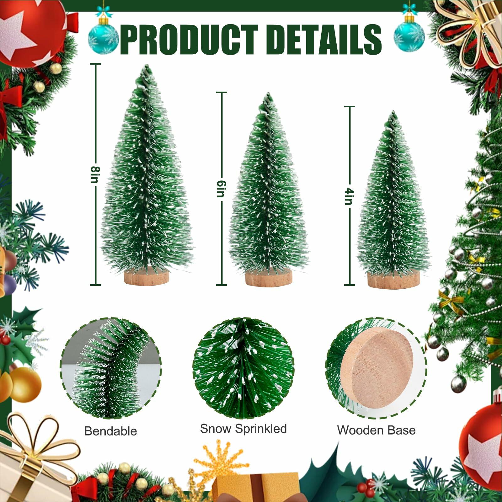 12 Pcs Mini Christmas Trees with Wooden Bases, 3 Sizes, Green Snow Decor