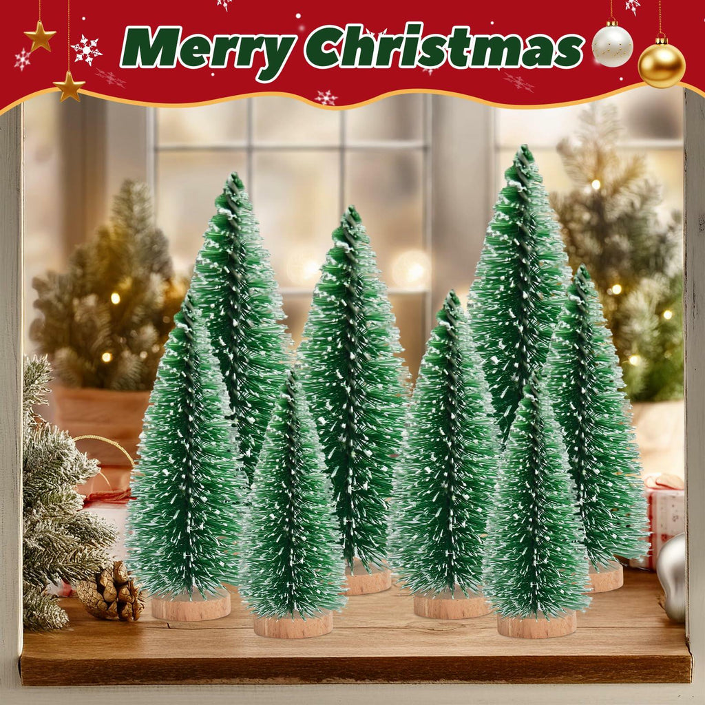 [Like New] 12 Pcs Mini Christmas Trees with Wooden Bases, 3 Sizes, Green Snow Decor