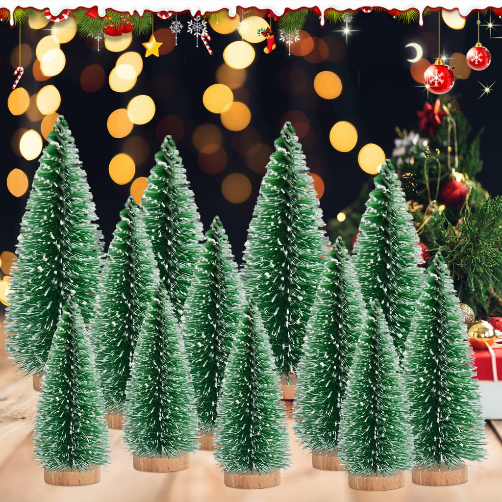 12 Pcs Mini Christmas Trees with Wooden Bases, 3 Sizes, Green Snow Decor