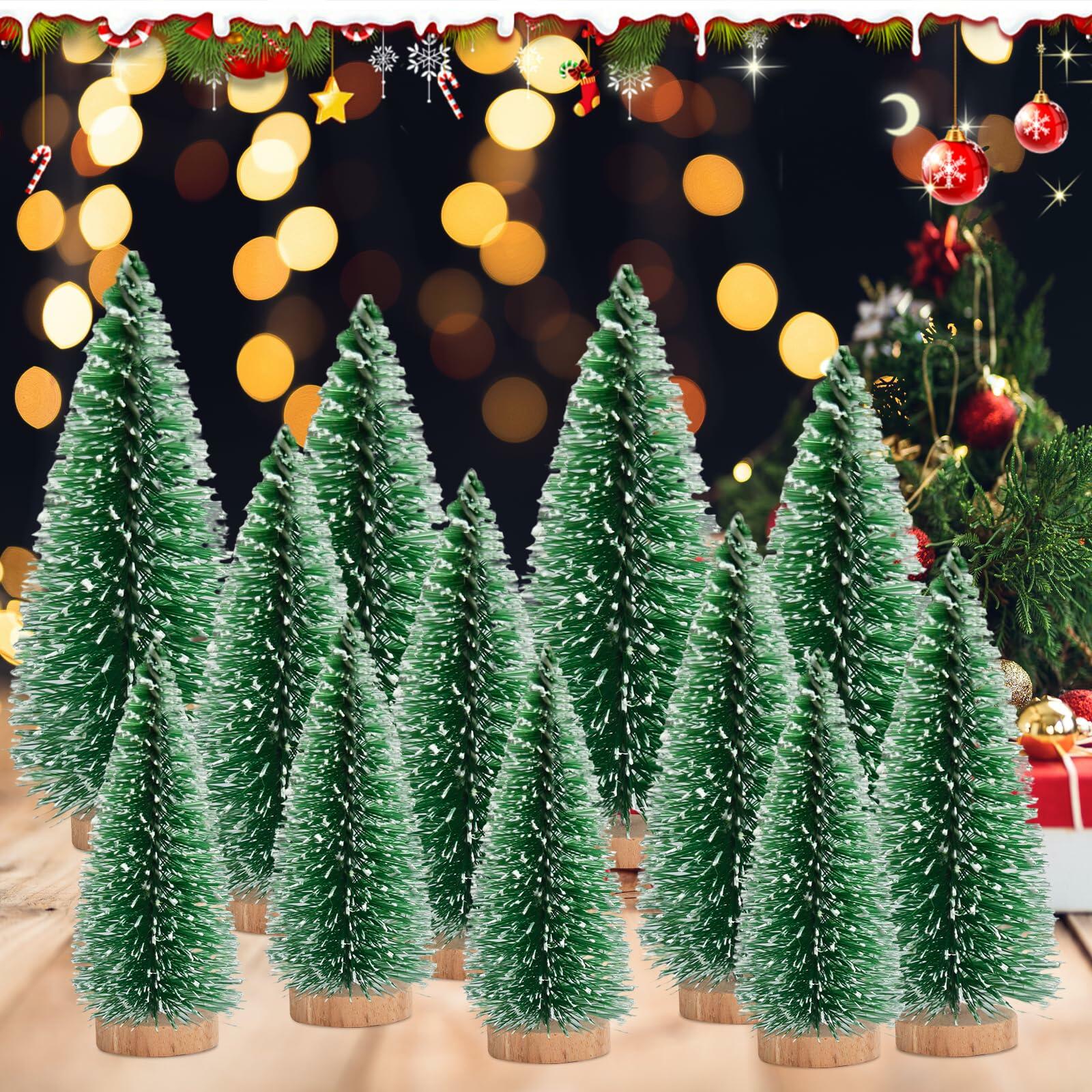 12 Pcs Mini Christmas Trees with Wooden Bases, 3 Sizes, Green Snow Decor