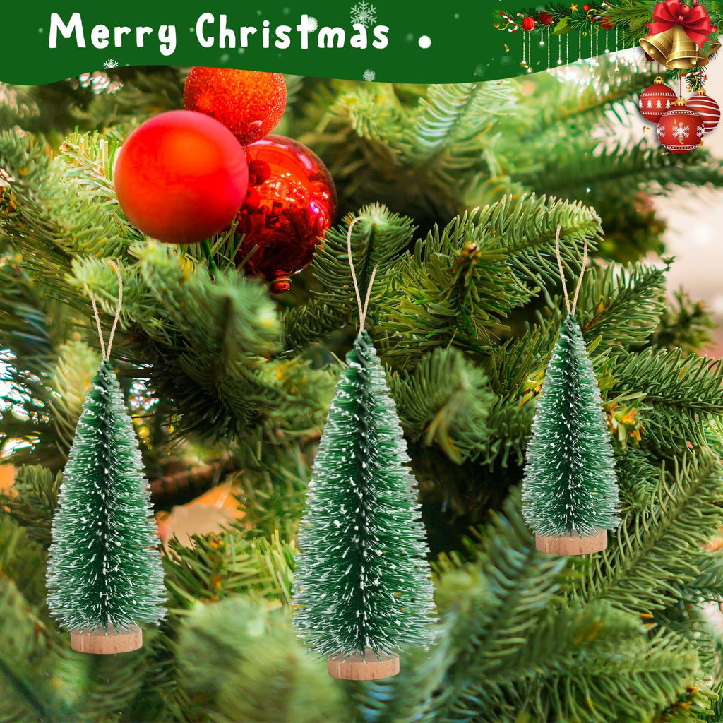 [Like New] 12 Pcs Mini Christmas Trees with Wooden Bases, 3 Sizes, Green Snow Decor