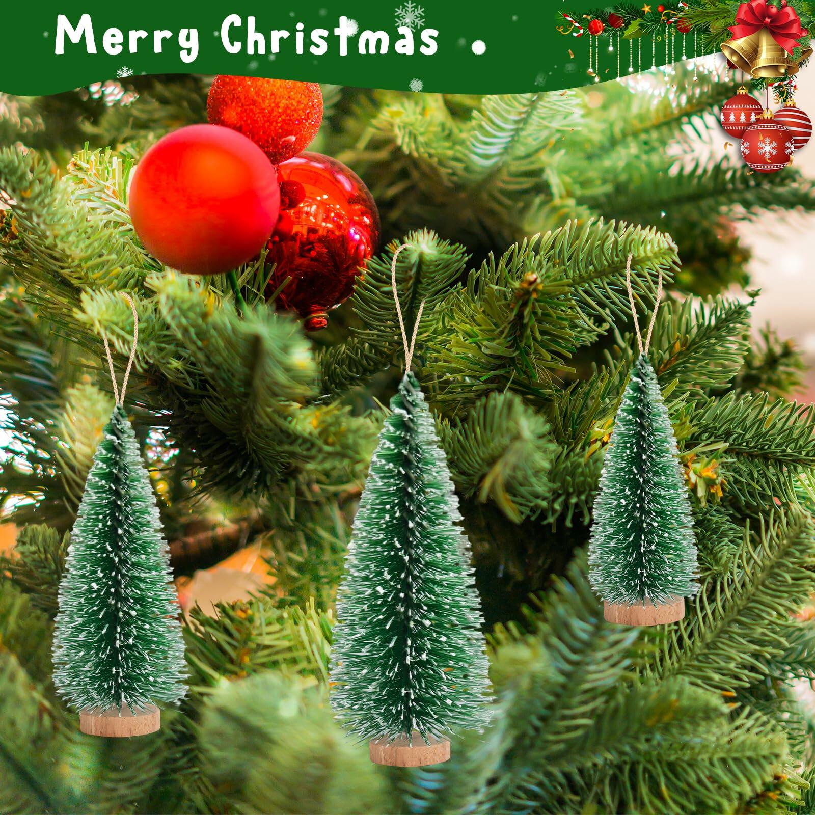 [Like New] 12 Pcs Mini Christmas Trees with Wooden Bases, 3 Sizes, Green Snow Decor