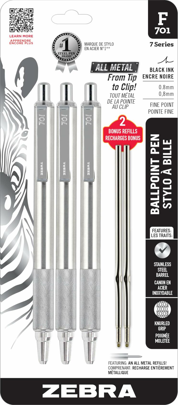 Zebra Pen F-701 Retractable Ballpoint Pen 0.8mm Fine Black Ink 3-Pack 2 Refills
