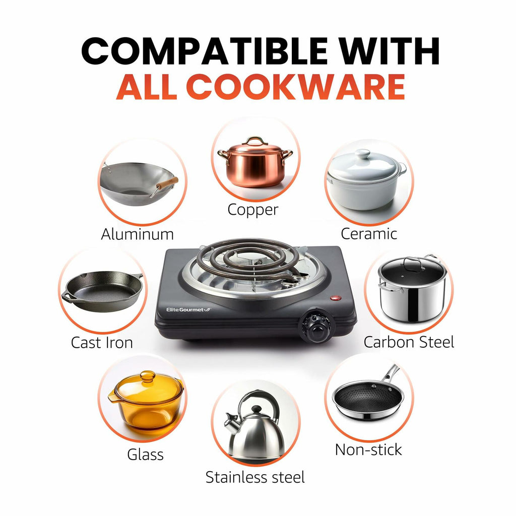 Elite Gourmet ESB100B Electric Hot Plate Single Burner Black Stainless Steel
