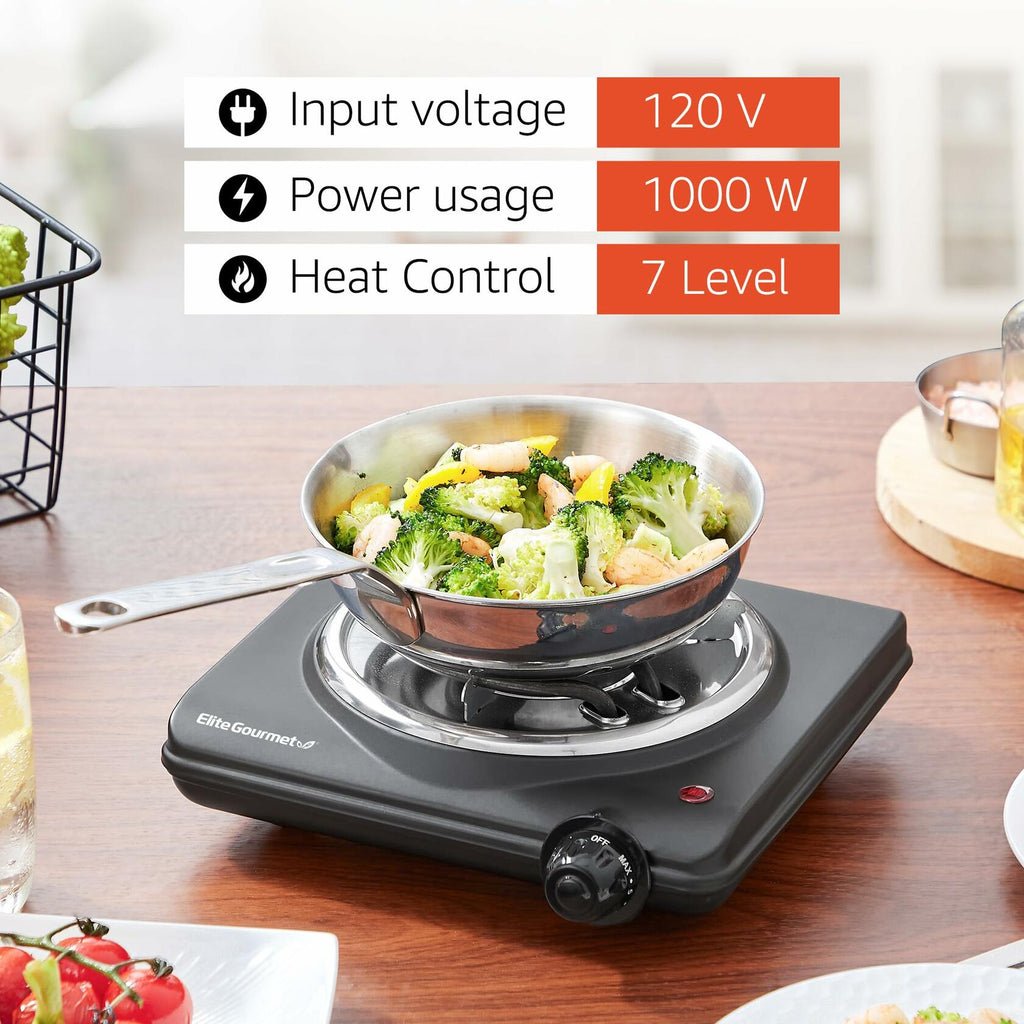 Elite Gourmet ESB100B Electric Hot Plate Single Burner Black Stainless Steel