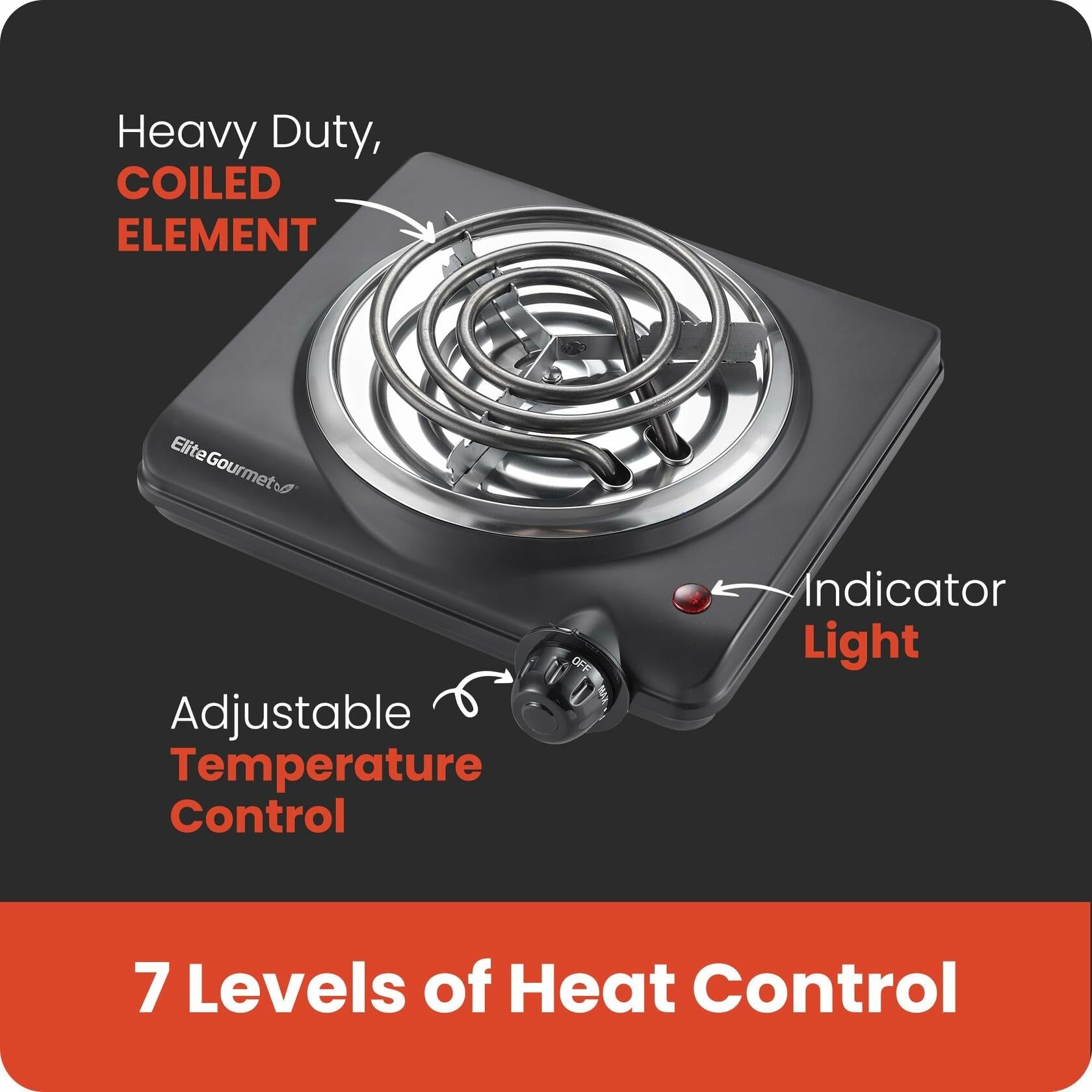Elite Gourmet ESB100B Electric Hot Plate Single Burner Black Stainless Steel