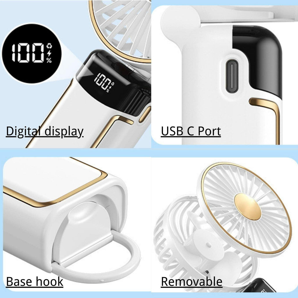 Roloxye Portable Handheld Fan 6000mAh 5 Speeds Digital Display White Foldable