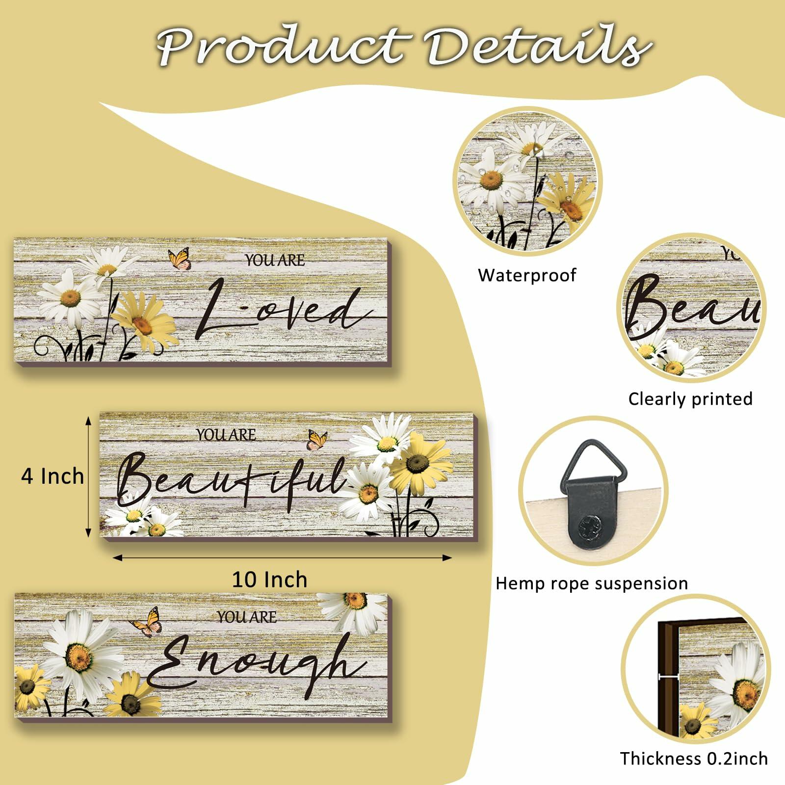 ONIZHITY Yellow Daisy Wooden Wall Decor 3 Pcs Floral Inspirational 12x4