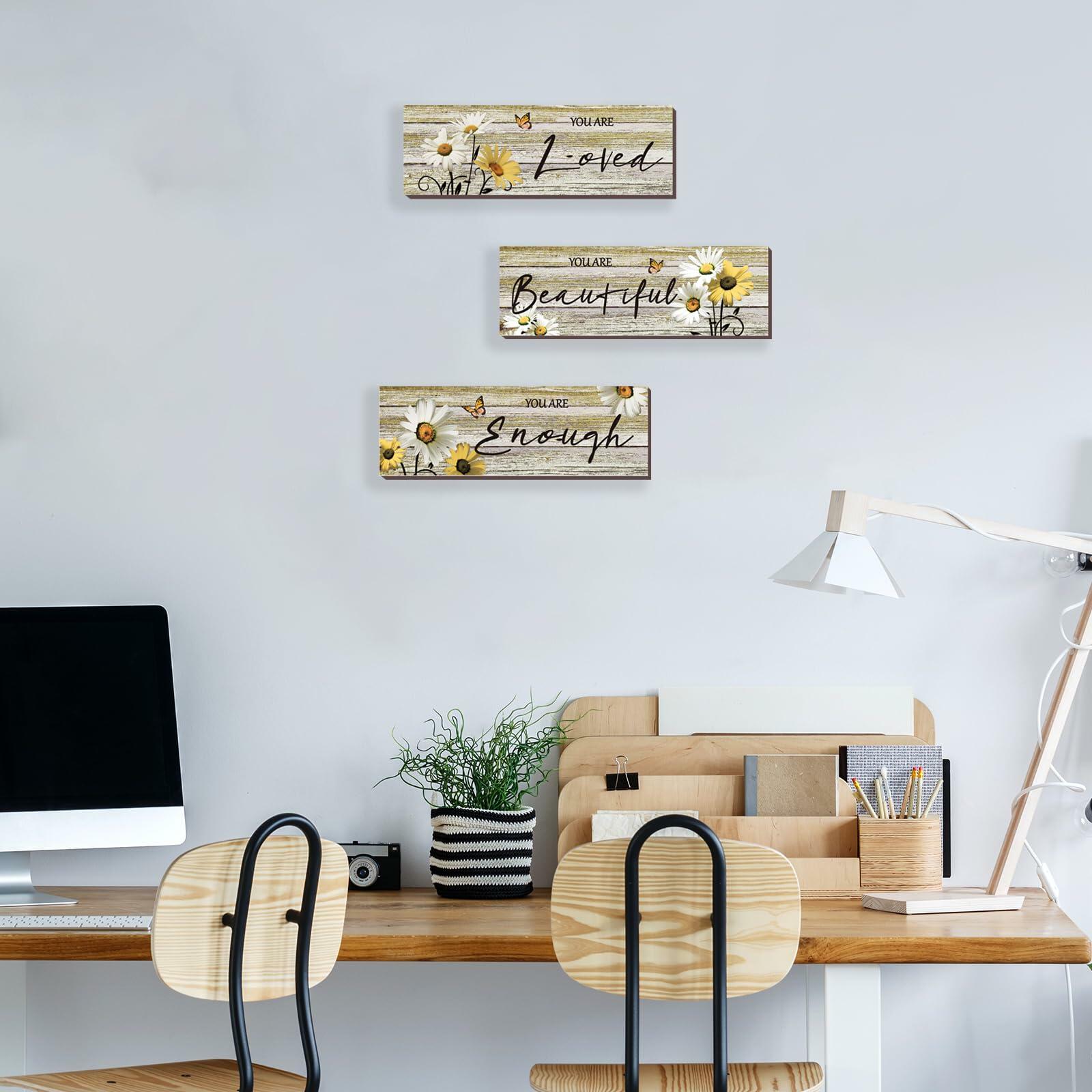 ONIZHITY Yellow Daisy Wooden Wall Decor 3 Pcs Floral Inspirational 12x4
