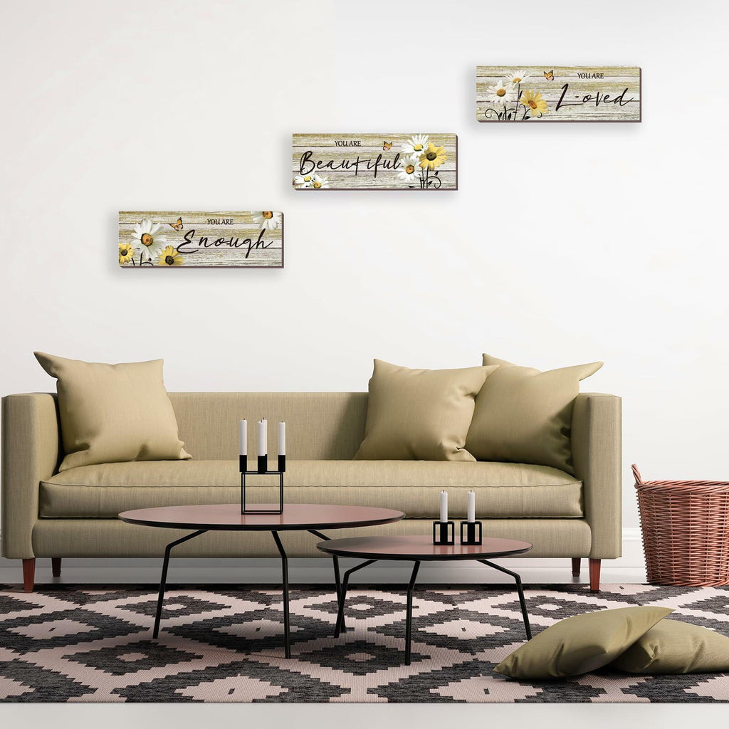 ONIZHITY Yellow Daisy Wooden Wall Decor 3 Pcs Floral Inspirational 12x4