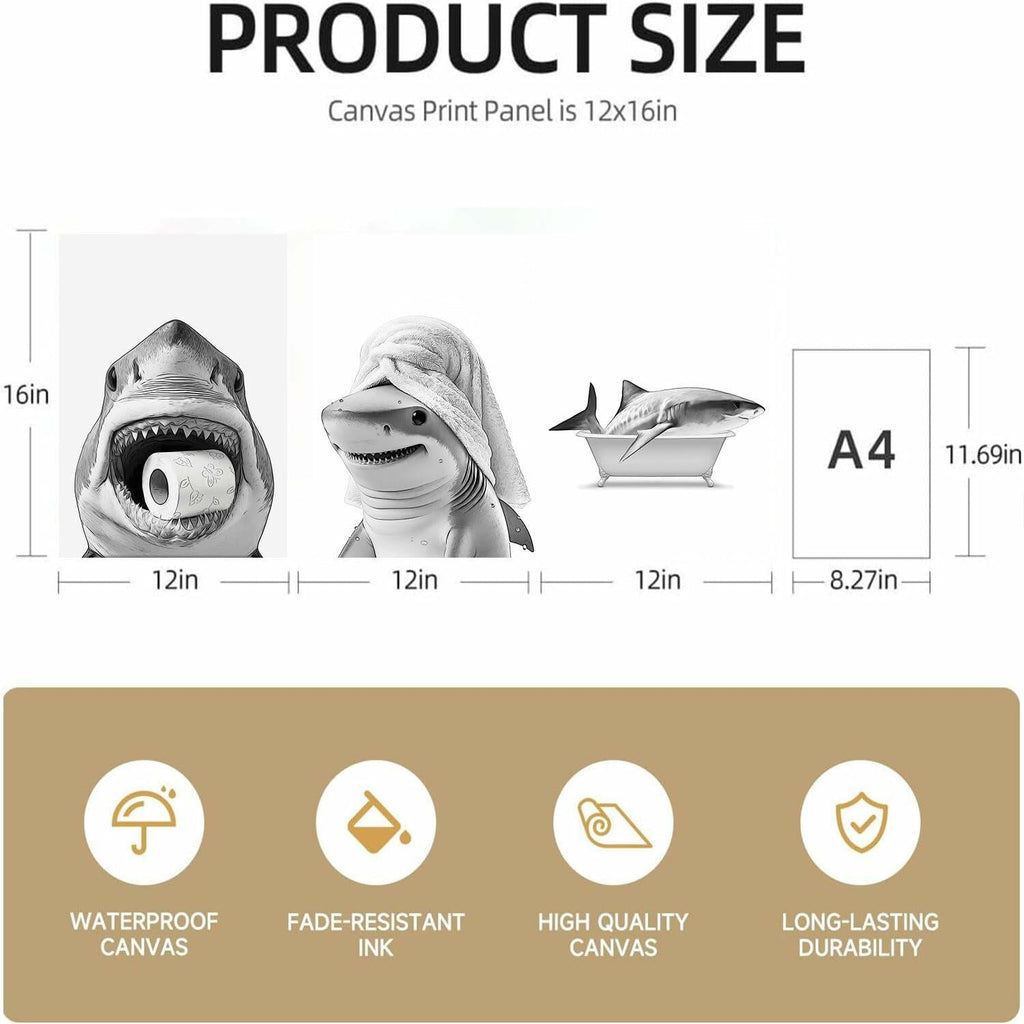 YOYIAXT 3-Piece Bathroom Canvas Wall Art Shark Black White 12x16 in