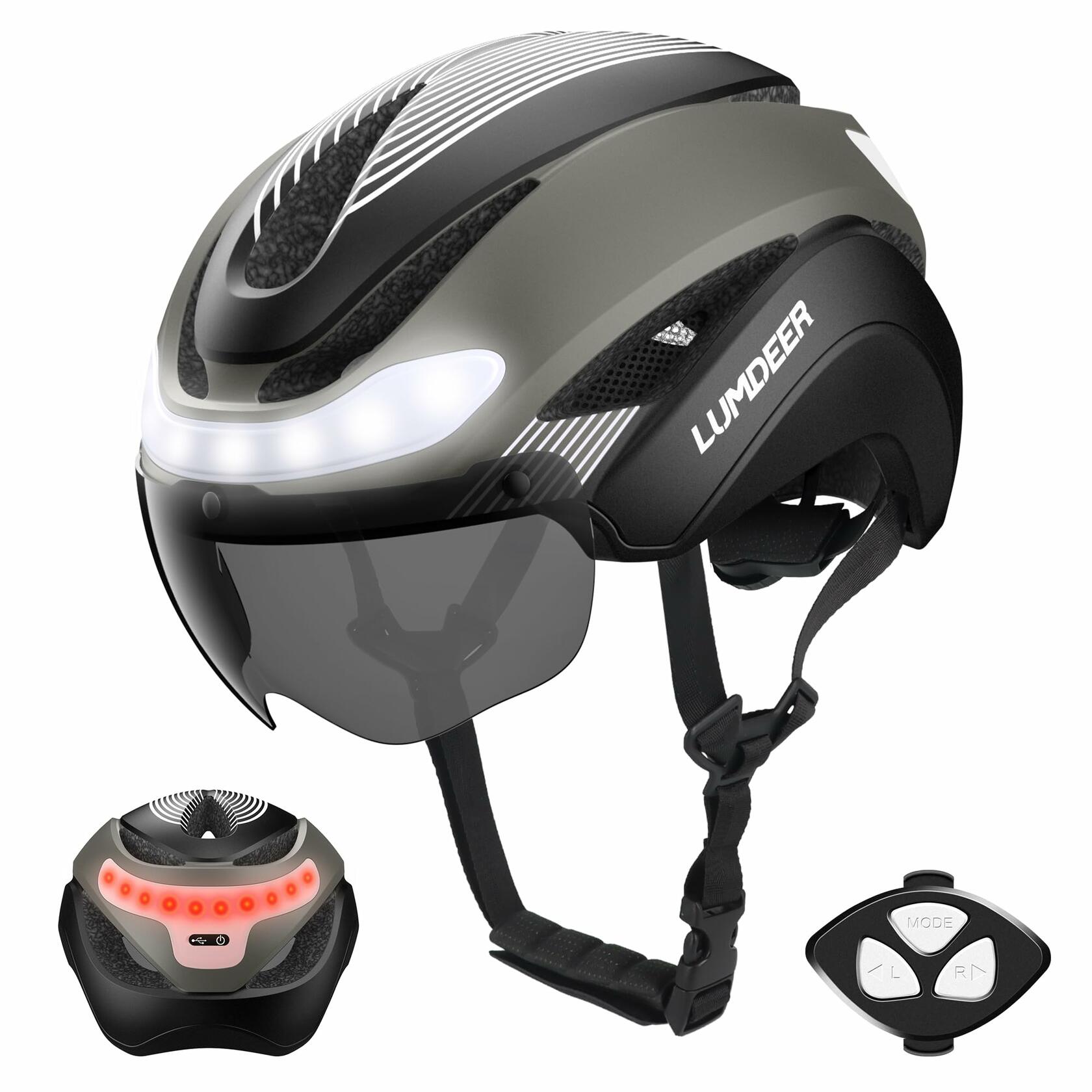 LUMDEER Smart Bike Helmet LED Turn Signals Magnetic Goggle Ti Size L