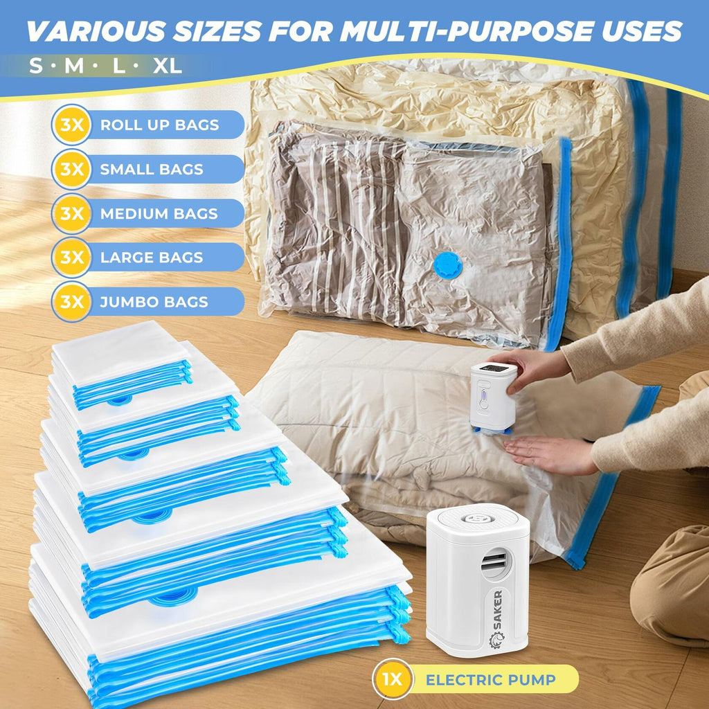Saker Vacuum Storage Bags Electric Pump 15 Pack Multi-Size Transparent