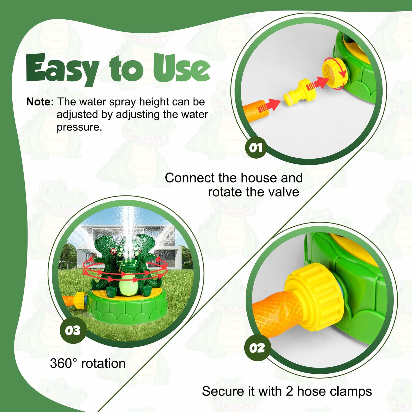 wodiguig Dinosaur Kids Water Sprinkler Green with Rotating Nozzles Hose