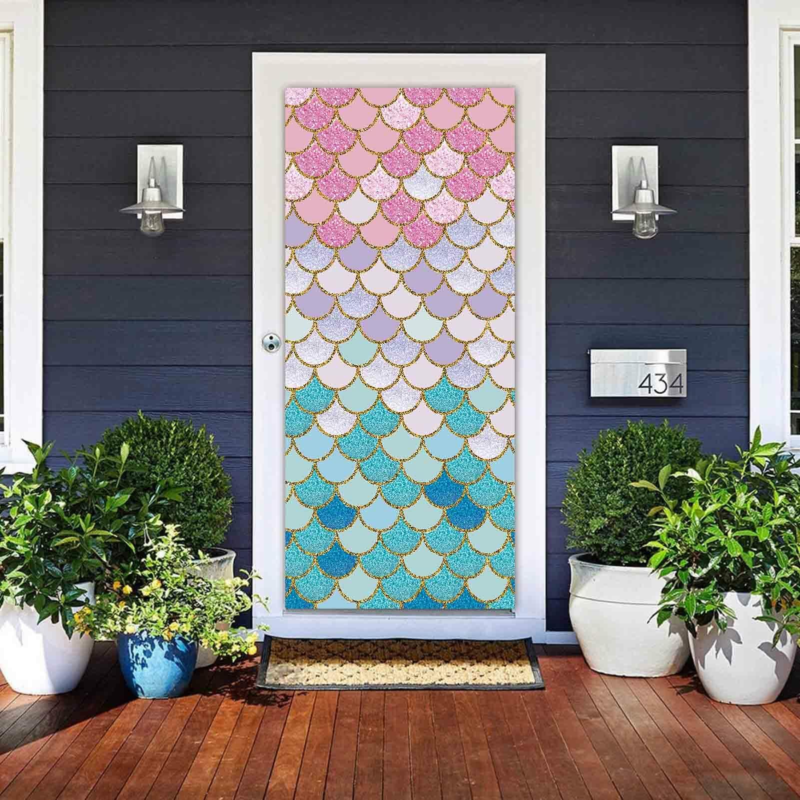 ZDX Mermaid Scales Door Banner Gold Glitter Blue Pink Purple 72.8x35.4in